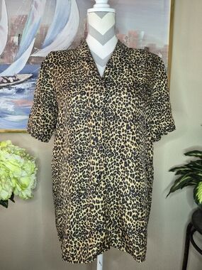 100% Silk Vintage STUNT Leopard Print Button-Down Shirt - Black & Tan